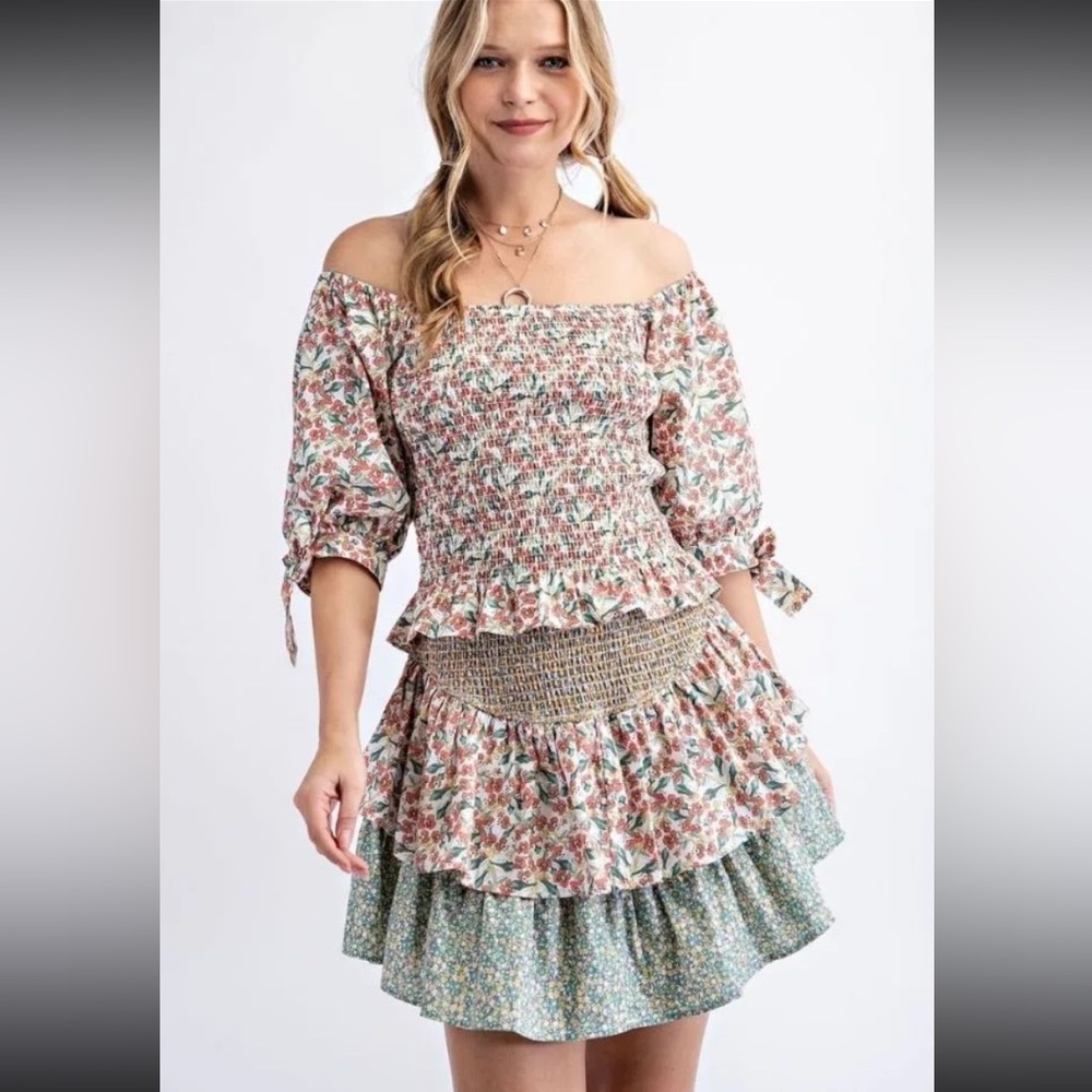 Easel Floral Off-Shoulder Smocked Top and matching Skirt set
